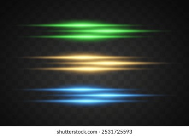 Set of colored lines: gold, blue and green. Laser light rays. Glare effect. On a transparent background.