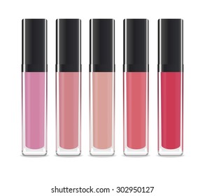 Set Of Colored Lip Gloss Tubes Isolated On White. Vector Illustration