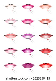 set of colored lips with lipstick. the color palette for the selection of cosmetics.