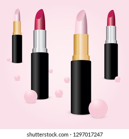Set of colored lipstick isolated on pink background. Vector illustration.