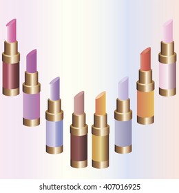 Set colored lipsticks. Vector illustration with different color lipsticks. Women's cosmetics. . Multicolored lipstick.Makeup.
