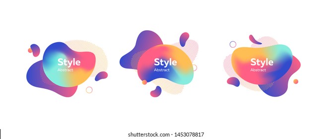 Set of colored liquid shape with splashes. Dynamical colored forms. Gradient banners with flowing liquid shapes. Template for design of logo, flyer or presentation. Vector illustration