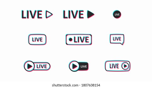 A set of colored Live buttons isolated on a light background. Buttons for the design of the user interface associated with video content. Vector illustration