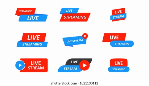 A set of colored Live streaming buttons isolated on a white background. Buttons for creating video channels, social media pages, news feeds, and streams. Vector illustration