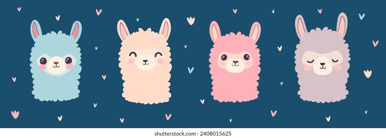 Set Colored Llamas on a blue background and hearts. Design for children's room, wallpaper, textile and typography. Cute banner for baby shower, baby products and birthday gift cards