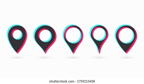 A set of colored location icons of different shapes, drawn in a flat style and isolated on a white background. User interface element. Vector illustration