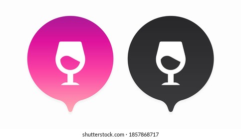 A set of colored location peaks with a white glass icon on them. Pin symbolizing the location of wine shops, cafes and restaurants. Vector illustration