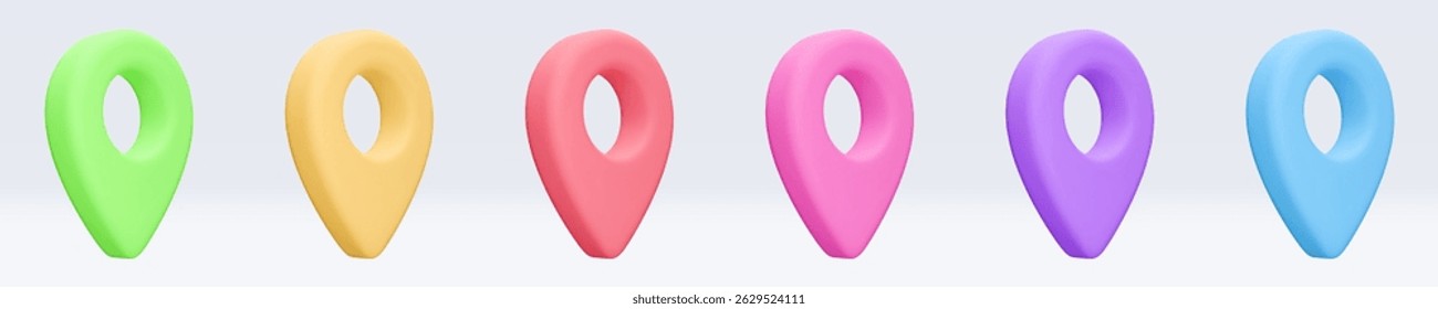 Set of colored location pointer, placemark, marker of map, navigation pin sign. 3d GPS icon with shadow. Sign for searching on map direction. Vector render illustration isolated on white background