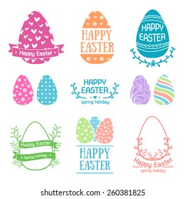 Set of colored logo templates, icons, labels, signs for a happy Easter. Silhouette egg with simple patterns. Pastel colors. Floral elements. Vector.
