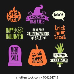 Set of colored logos of happy Halloween. Icons for the holiday decor of horror and fear with a skull, pumpkin, grave and zombies. Vector.