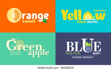 Set of colored logos on the theme of fruits and vegetables. For vegetable shops, vegetarian restaurants and cafes, delivery of fruit and vegetable farms. Vector Illustration.