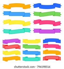 Set of colored long and short insulated ribbons isolated on white background. Simple flat vector illustration. With space for text. Suitable for infographics, design, advertising, holidays, labels.