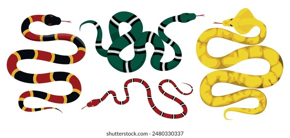 Set of colored long snakes, cobras with tongues in cartoon style.Vector illustration of a beautiful snake of different types and patterns:coral, red, dark green, yellow isolated on a white background.