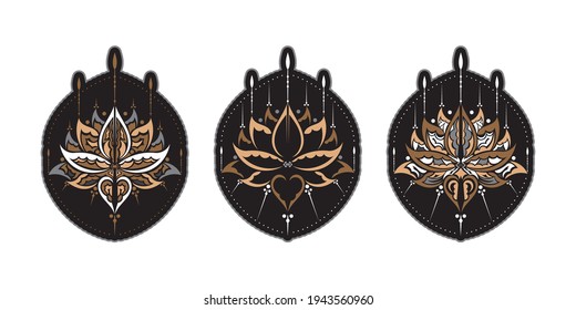 Set of colored lotus flower, yoga or zen decorative element in boho style. Lotus or water lily shapes, graphic elements in black on white background, Indian modern decorations. Vector