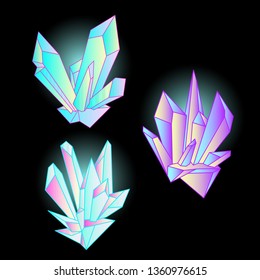 Set of colored luminous crystals in polygon style