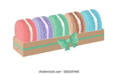 Set of colored macaroons in a gift box. Vector, white background, isolated.