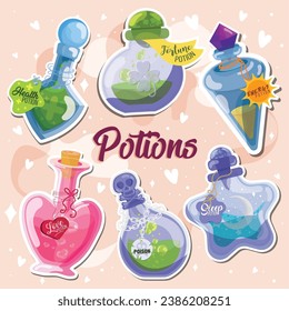 Set of colored magical potion elixirs Vector