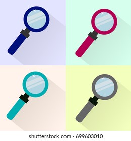 Set of colored magnifier icons. Vector illustration, Flat design.