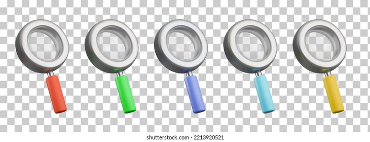 A set of colored magnifying glasses in 3D realistic style. Vector objects for office