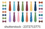 Set of colored man ties and bow ties with different patterns. Neck tie collection for business or party. Accessories for man suits. Vector flat illustration isolated on white background