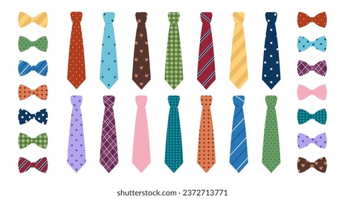 Conjunto de corbatas masculinas de colores y lazos de arco con diferentes patrones. Colección de corbata de cuello para negocios o fiesta. Accesorios para trajes de hombre. Ilustración plana del vector aislada en fondo blanco