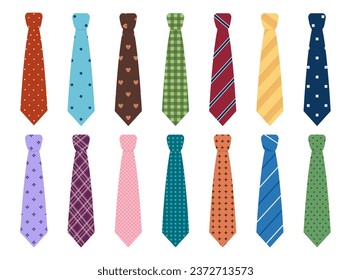 Conjunto de lazos masculinos de colores con diferentes patrones. Colección de corbata de cuello para negocios o fiesta. Accesorios para trajes de hombre. Ilustración plana del vector aislada en fondo blanco