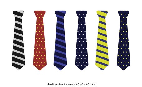 Set of colored man ties with different patterns. Neck tie set for business or party. Vector