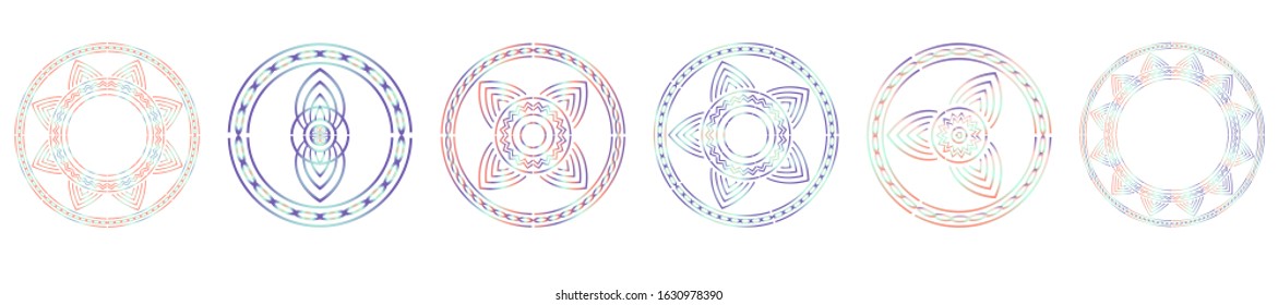 Set of colored mandalas. Geometric patterns in circle. The Eastern Buddhist symbol. Decoration for tattoos and henna patterns. Painted in gradient of purple, orange, and blue.