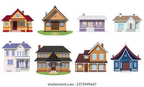 Set of colored mansion and private houses isolated on white background. One-story houses and with several floors. Vector clipart.