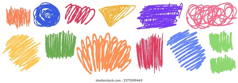 Conjunto de dibujos de marcadores coloreados o lápices de pancartas abstractas. Forma de curva orgánica. Conjunto de garabatos para niños sobre un fondo blanco. Formas de doodle y frotis de marcadores.