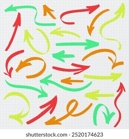 Set of colored marker drawn bold arrows icons vector. Collection of red, green, orange, yellow arrow sketch handmade doodle swipe up symbol sign. Hand drawn simple logo vector design on squared paper.