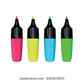 Set of colored marker pens on white background. Vector realistic illustration