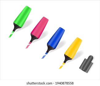 Set of colored markers for drawing and highlighting isolated on white background. Markers of different colors. The marker draws a line.
