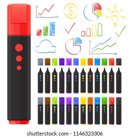 A set of colored markers, drawings drawn with felt-tip pens, realistic markers closed with caps and open.
