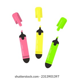 Set of colored markers on a white background. Vector illustration of office and school stock, school design, stickers, web elements, kids design.
