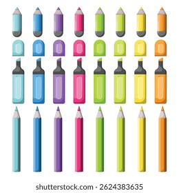 A set of colored markers and pencils. Elements of drawing tools.