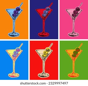 Set bunte Martini-Cocktails mit Olive Vector Illustration Drinks Pop Art Style 