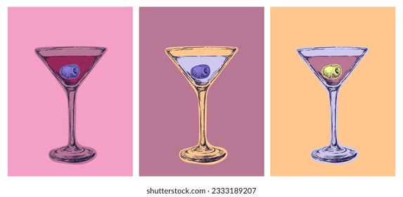 Set bunte Martini-Cocktails mit Olive Vector Illustration Drinks Pop Art Style