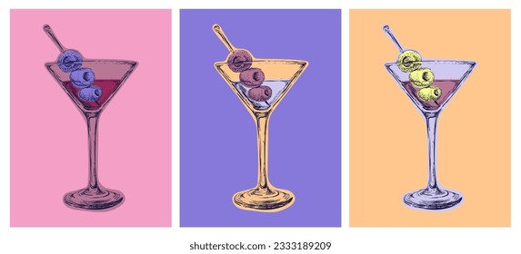 Set of Colored Martini Cocktails with Olives Vector Illustration Drinks Pop Art Style