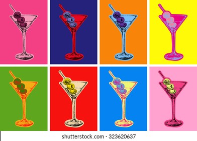 Set of Colored Martini Cocktails with Olives Vector Illustration Drinks Pop Art Style Andy Warhol