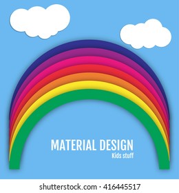 Set of colored materials made in the form of a rainbow against the sky with two clouds for your design. Vector