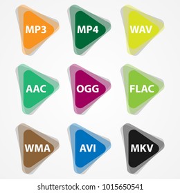 Set of colored media file icons. Icons of popular file types.