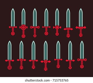 Set of colored medieval swords on a dark background
