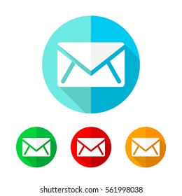 Set of colored message icons. White message icon with long shadow. Vector illustration. Message on a the round button.