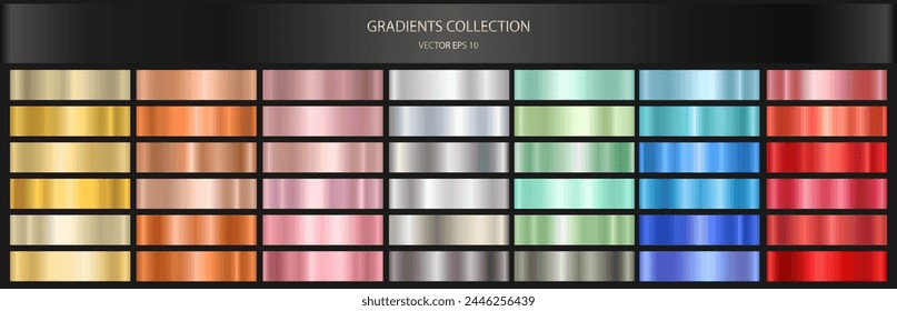 Un conjunto de Gradientes de metal de colores. Una colección de hologramas brillantes de Vector y Gradientes metálicos para la decoración. Vector EPS 10.