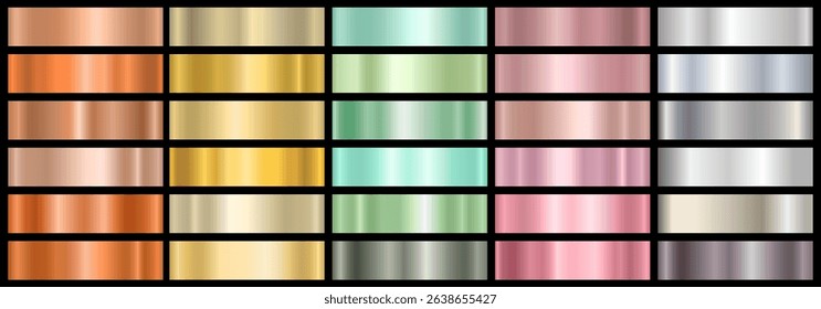 A set of colored metallic gradients on a black background. A collection of vector shiny holograms and metallic gradients for decoration. Vector illustration.