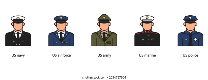 Set of colored military officer thin icon isolated on white background. sign and symbol.