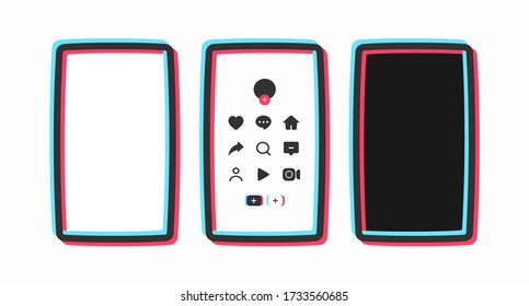 A set of colored mobile frames with interface elements and icons in the style of the popular social video network. The layout of the devices for social networking. Vector illustration