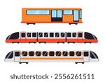 Set of colored modern trains in cartoon style. Vector illustration of beautiful high-speed trains, passenger carriages with wheels, windows, doors isolated on white background. Land transport.