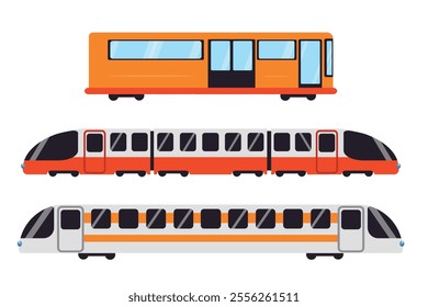 Set of colored modern trains in cartoon style. Vector illustration of beautiful high-speed trains, passenger carriages with wheels, windows, doors isolated on white background. Land transport.